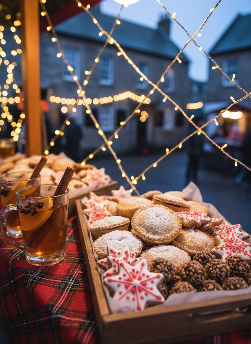 A playful, close-up still life of Candlelit Dartmouth festival treats displayed on a festive stall counter, in crisp photographic realism. A wooden tray overflows with powdered-sugar-dusted mince pies, gingerbread stars iced with white and red patterns, and small chocolate truffles rolled in crushed hazelnuts. Beside them, clear glass mugs of steaming spiced apple punch sit on a plaid cloth, garnished with cinnamon sticks and orange slices studded with cloves. In the blurred background, strings of golden fairy lights crisscross above hints of Dartmouth’s stone buildings. Warm, soft light from overhead bulbs and nearby lanterns creates gentle highlights on the glass and sugar, while cool evening tones peek in from the edges. Shot from a slightly elevated close angle, with shallow depth of field, the mood is indulgent, playful, and irresistibly festive without any people in view.